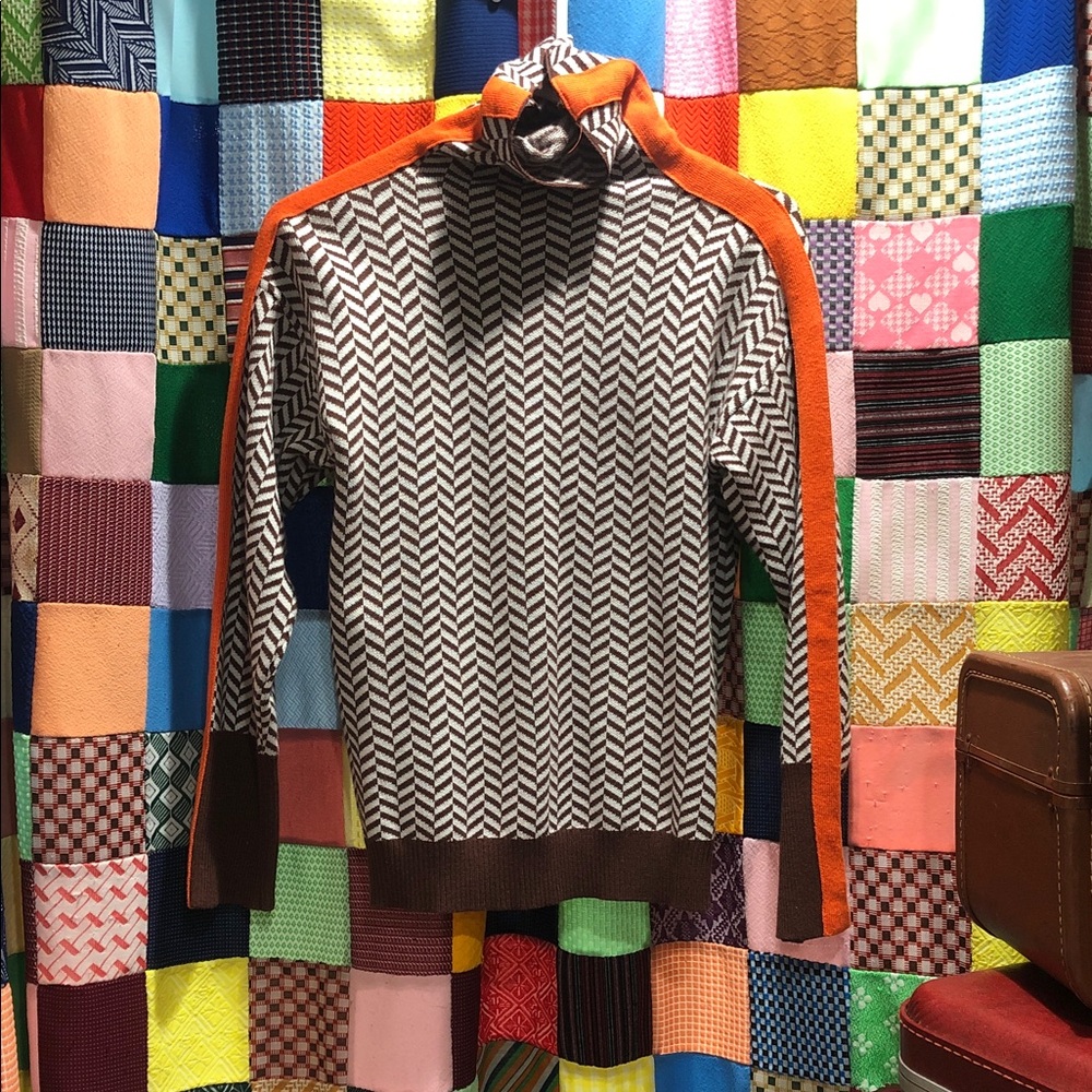 Men's Brown Chevron Knit Sweater with Orange Shoulder Stripe